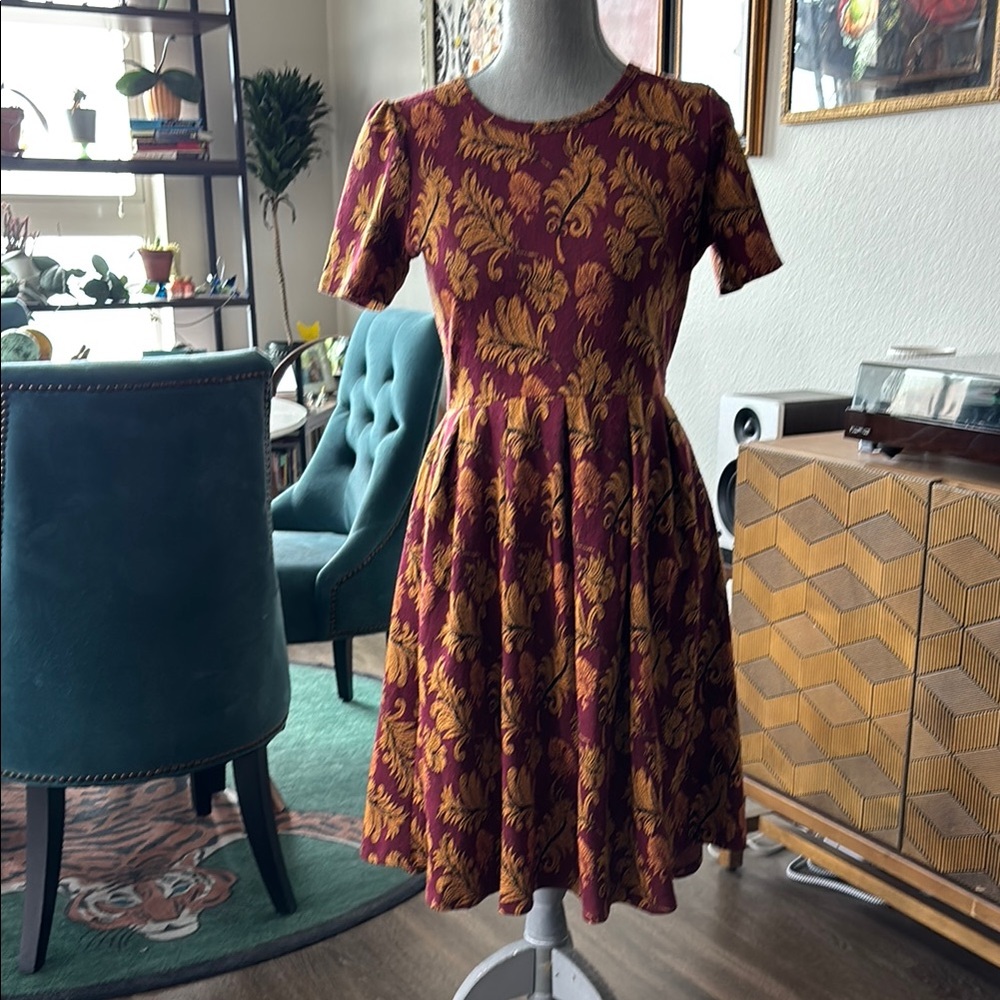 LuLaRoe Red and Gold Pleated Mini Dress Fit and Flare